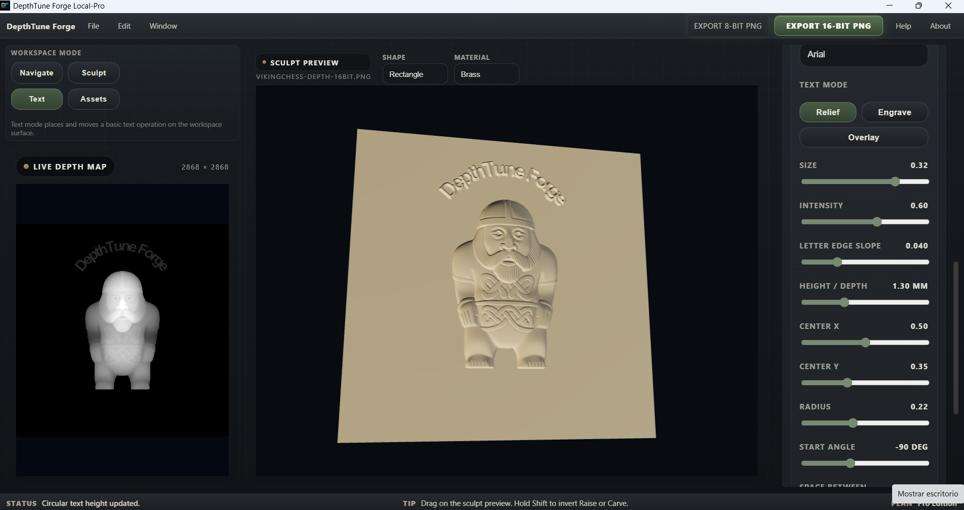 DepthTune Forge workspace with depth map, live 3D relief preview and editing controls