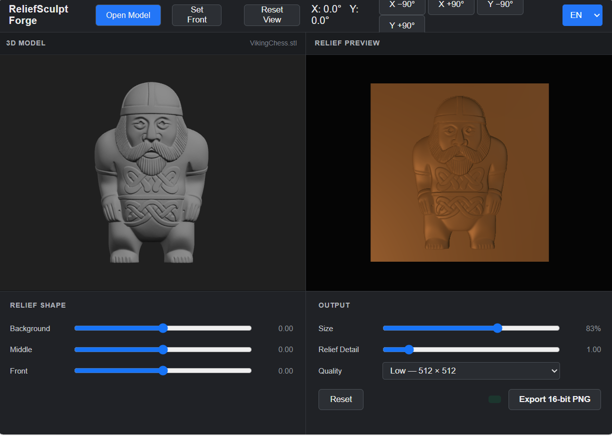 ReliefSculpt Forge converting a 3D STL model into a relief preview